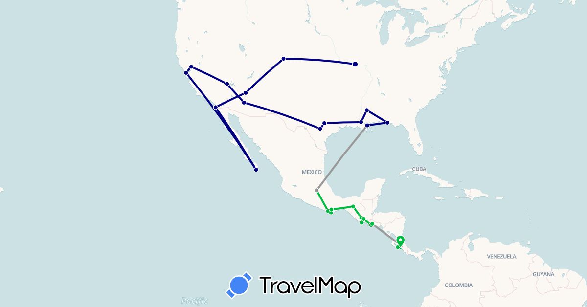 TravelMap itinerary: driving, bus, plane in Costa Rica, Guatemala, Mexico, El Salvador, United States (North America)